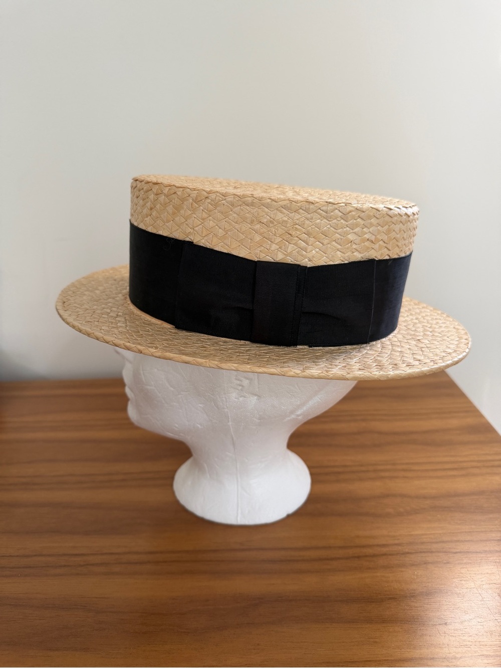 VINTAGE New Style Hat Straw Boater Skimmer Black Band Made Japan Dandy Classic